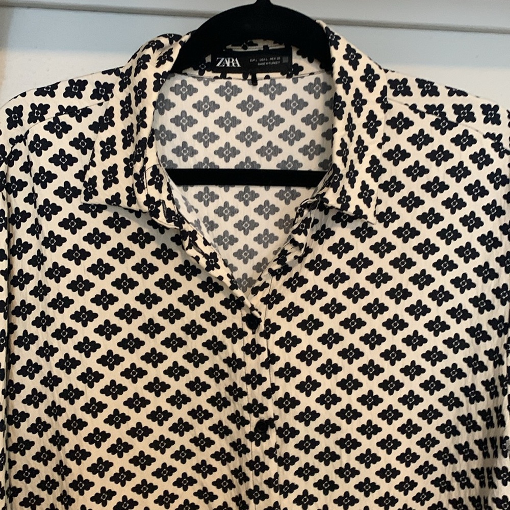 Zara Geometric Black and White Long Sleeve Button Down Shirt Jacket Size Lg NWOT - Picture 7 of 7